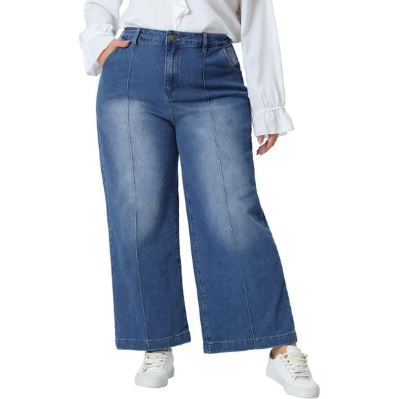 Plus Size Wide Leg Denim Jeans Women Stretch Pockets Ankle Pants Casual